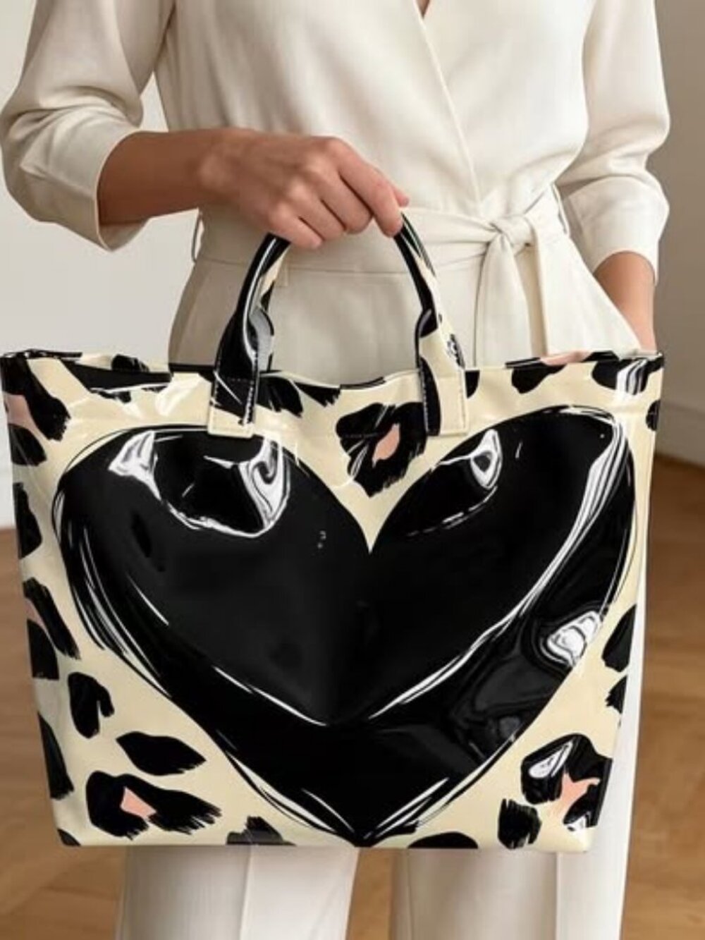 Back To School Leopard Print Stylish Faux Leather Black Heart ToteBag Waterproof